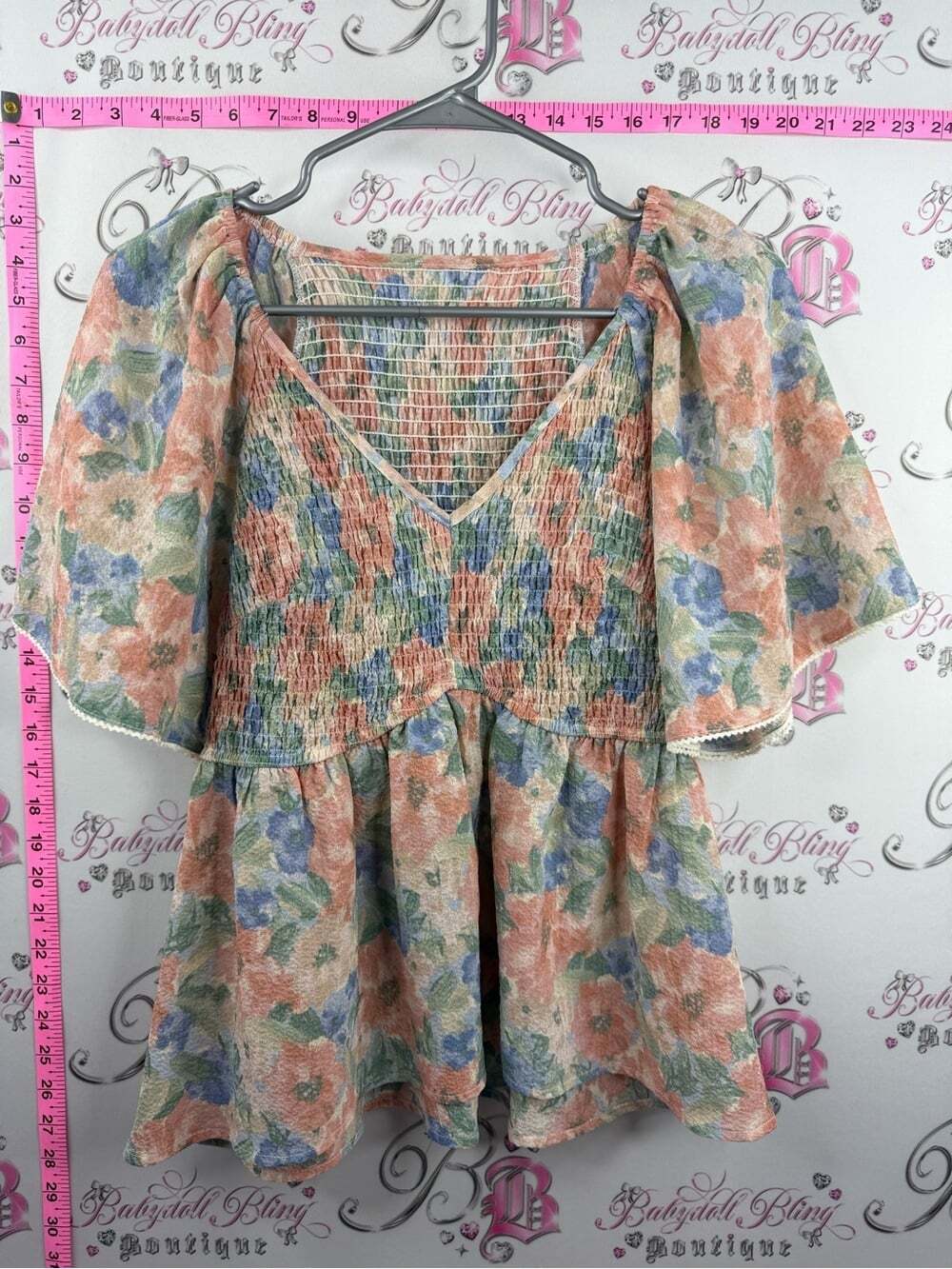 Vintage top flutter sleeve Floral Smocked Peplum Top - Peach & Blue green cream